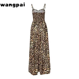 Feminino Vestido Longo Alças Estampa Leopardo - Verde-estampa de leopardo