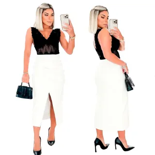 Saia Transpassada Feminina Midi em Couro Ecológico Fake com Fenda - Branco