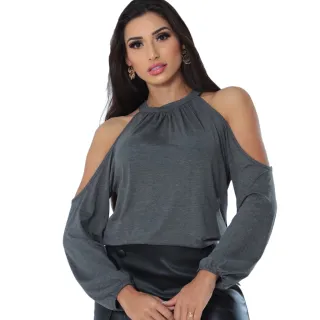 Blusa Manga Longa Feminina Social Viscolycra Ombro Vazado - Cinza