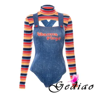 Conjunto Bodysuit e Tops Listrados, Roupas Sexy para Mulheres - Azul