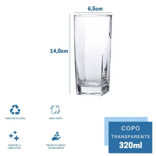 Jogo Quadrado Copo Vidro Transparente Luxo 320ml Bali - Único