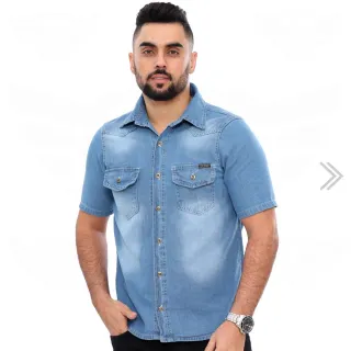 Camisa Manga Curta Masculina Jeans com 2 Bolsos - Azul Médio - XG