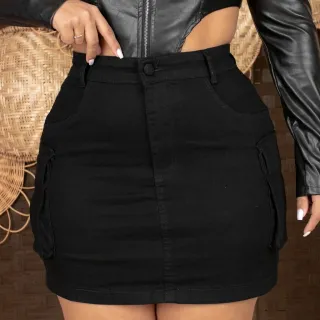 Cintura Alta Plus Size Saia Jeans Cargo Bolsos Laterais - Preto