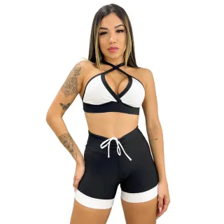Top Branco com Short Cós Alto - Conjunto Fitness de Academia - 128-CST-BRANCO