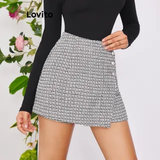Short Elegante Xadrez Lovito 2 Em 1 Feminino Tweed LBE02031 (Preto E Branco) - Preto e Branco