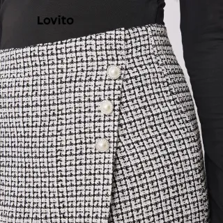 Short Elegante Xadrez Lovito 2 Em 1 Feminino Tweed LBE02031 (Preto E Branco) - Preto e Branco