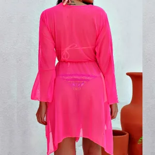 Linda Saída de Praia Feminina Amarra Verão Seca Rápido Kimono - Preto