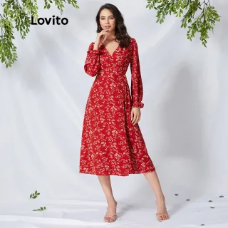 Vestido Boho Estampa Floral Decote V Lovito - L01146 - Vermelho com Manga Longa