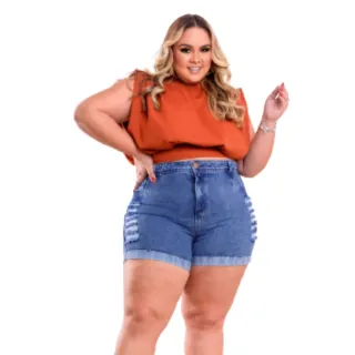 Destroyed Plus Size Feminino Bermuda Short Jeans Perna Dobrada - Azul Escuro