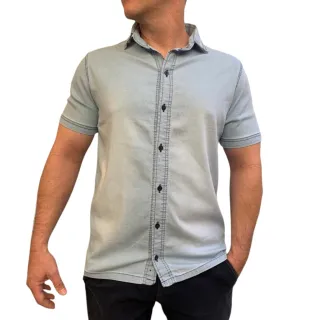 Social Masculina Camisa Jeans Manga Curta Slim com Elastano - JEANS AZUL MÉDIO