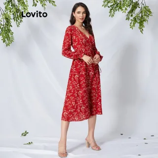 Vestido Boho Estampa Floral Decote V Lovito - L01146 - Vermelho com Manga Longa