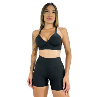 Short e Top Fitness Preto Cós Alto - Conjunto Sem Cadarço - 100-CST