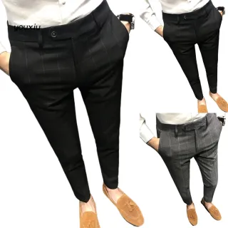 Calças para o Trabalho Slim Straight Plain Men Suit Pants - Cinza Claro