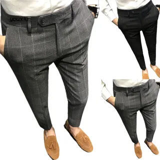 Calças para o Trabalho Slim Straight Plain Men Suit Pants - Cinza Claro
