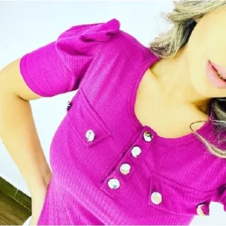 Blusa Manga Curta Bufante Feminina Canelada - Social com Botões - Violeta