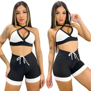 Top Branco com Short Cós Alto - Conjunto Fitness de Academia - 128-CST-BRANCO