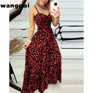 Feminino Vestido Longo Alças Estampa Leopardo - Verde-estampa de leopardo