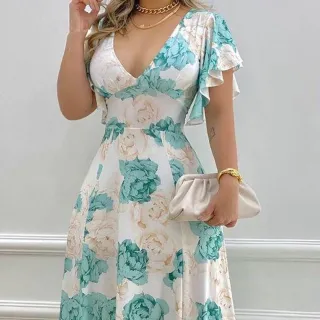 Vestido Sensual Estampado com Decote em V - Raryel - Cor da PItura