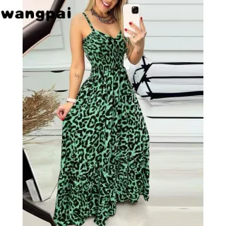 Feminino Vestido Longo Alças Estampa Leopardo - Verde-estampa de leopardo