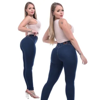 Calça Jeans Feminina Cintura Alta Levanta Bumbum Lycra Sem Bolso - Lavagem escura