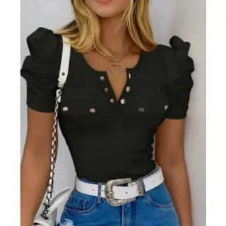 Blusa Manga Curta Bufante Feminina Canelada - Social com Botões - Violeta