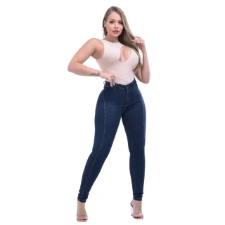 Calça Jeans Feminina Cintura Alta Levanta Bumbum Lycra Sem Bolso - Lavagem escura