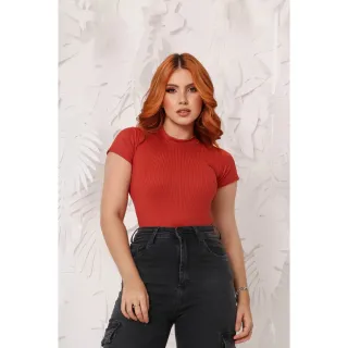 Manga Curta Blusa Feminina Gola Alta Canelada - Telha