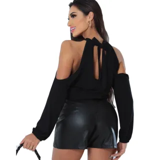 Blusa Manga Longa Feminina Social Viscolycra Ombro Vazado - Cinza