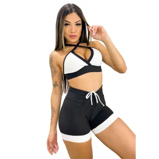 Top Branco com Short Cós Alto - Conjunto Fitness de Academia - 128-CST-BRANCO