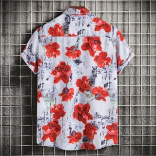 Camisa Manga Curta Vermelha e Branca Floral Solta - Tendência Boho Retro - C229