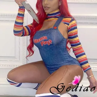 Conjunto Bodysuit e Tops Listrados, Roupas Sexy para Mulheres - Azul