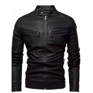 Motoqueiro Jaqueta Couro Masculina - Preta