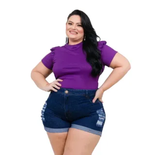 Destroyed Plus Size Feminino Bermuda Short Jeans Perna Dobrada - Azul Escuro