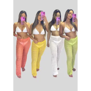 Calça Vazada Moda Praia Tricot Saída de Praia 2023 - Amarelo