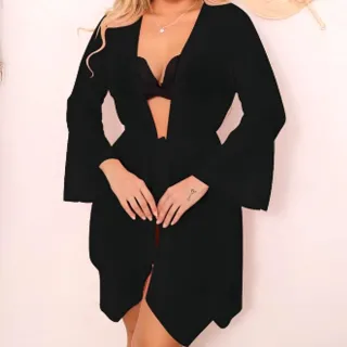 Linda Saída de Praia Feminina Amarra Verão Seca Rápido Kimono - Preto