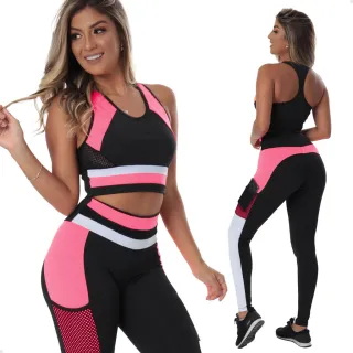 Calça C79 e Conjunto Top Fitness: estilo e conforto para seus treinos - Preto rosa neon