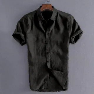 Camisa de Linho Masculina Casual Botão Lapela Cor Sólida Street Wear Vintage M-3XL - Caqui