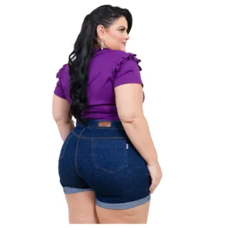 Destroyed Plus Size Feminino Bermuda Short Jeans Perna Dobrada - Azul Escuro