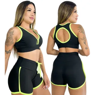Top academia musculação conjunto fitness short treino - 175-CST-AMARELO NEON*