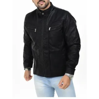 Pronta entrega - Jaqueta básica em couro com forro - Preto