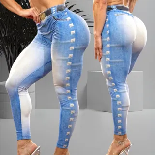 Legging Mulheres Cintura Alta Fitness Yoga Elasticidade Jeans - Azul Claro