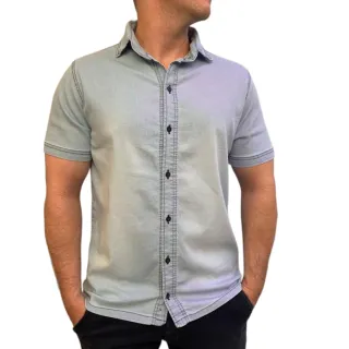 Social Masculina Camisa Jeans Manga Curta Slim com Elastano