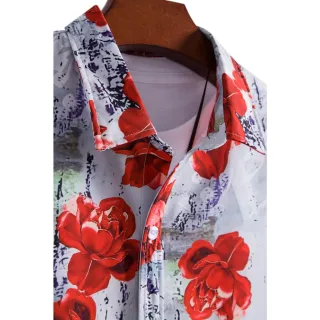 Camisa Manga Curta Vermelha e Branca Floral Solta - Tendência Boho Retro - C229