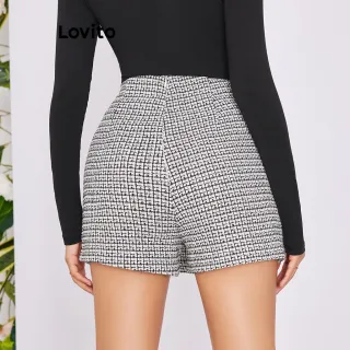Short Elegante Xadrez Lovito 2 Em 1 Feminino Tweed LBE02031 (Preto E Branco) - Preto e Branco