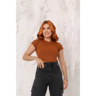 Manga Curta Blusa Feminina Gola Alta Canelada - Telha