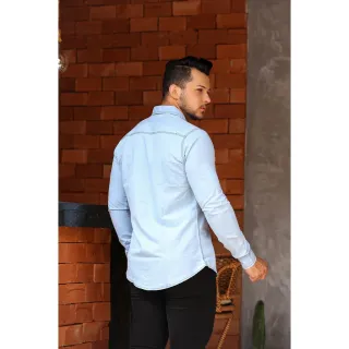 Camisa Manga Longa Jeans Claro Slim Fit Masculina Social - JEANS CLARO