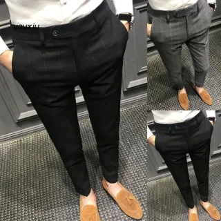 Calças para o Trabalho Slim Straight Plain Men Suit Pants - Cinza Claro