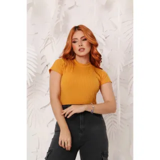Manga Curta Blusa Feminina Gola Alta Canelada - Telha