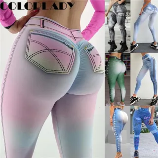 Legging Mulheres Cintura Alta Fitness Yoga Elasticidade Jeans - Azul Claro