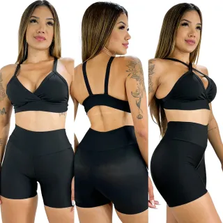 Short e Top Fitness Preto Cós Alto - Conjunto Sem Cadarço - 100-CST